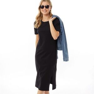 Brave Soul Women's Short Sleeve Split Hem Basic Black Midi Dress, Size Large